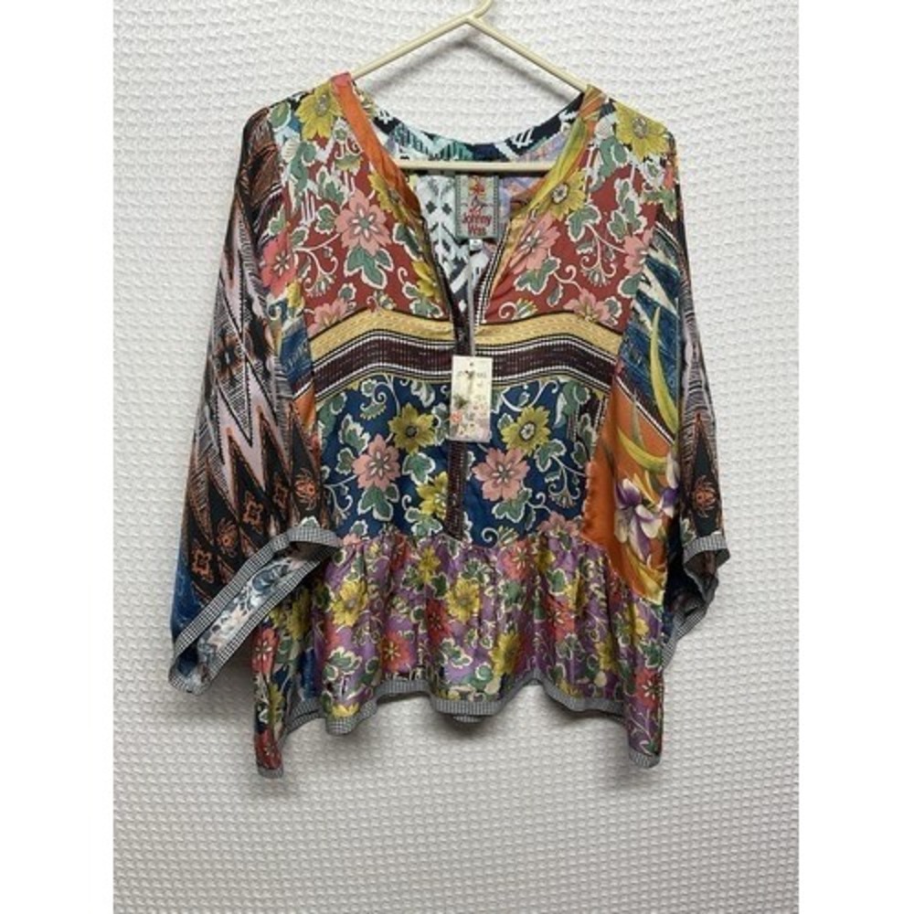 NWT Johnny Was Miranda Mixed Floral Button V-Neck Tunic Blouse Women XL China